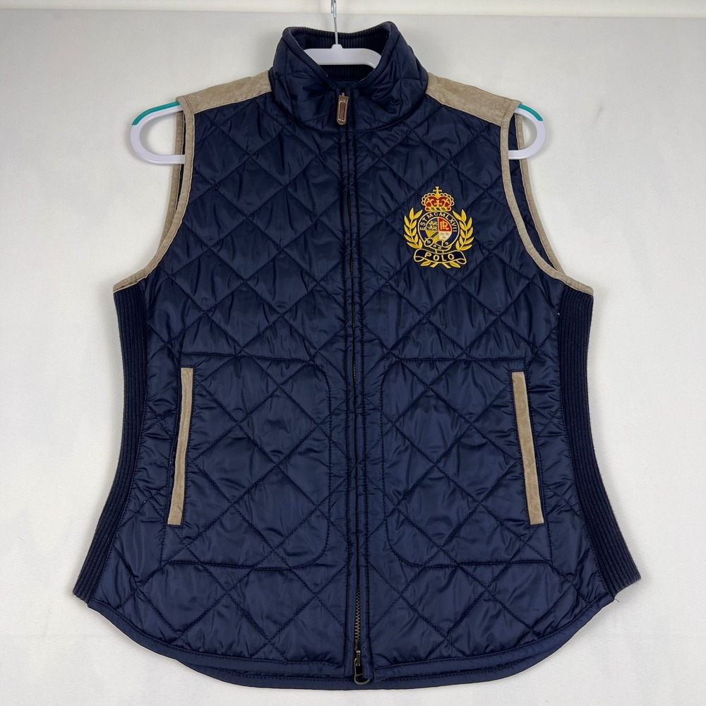Polo Ralph Lauren Quilted Vest Medium Navy Blue Crest Embroidery Excellent